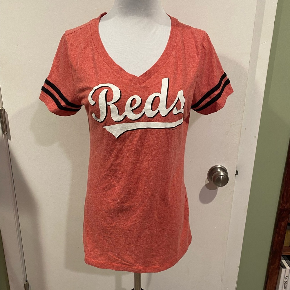 Cincinnati Reds- Red V-Neck T-Shirt with Black Stripes